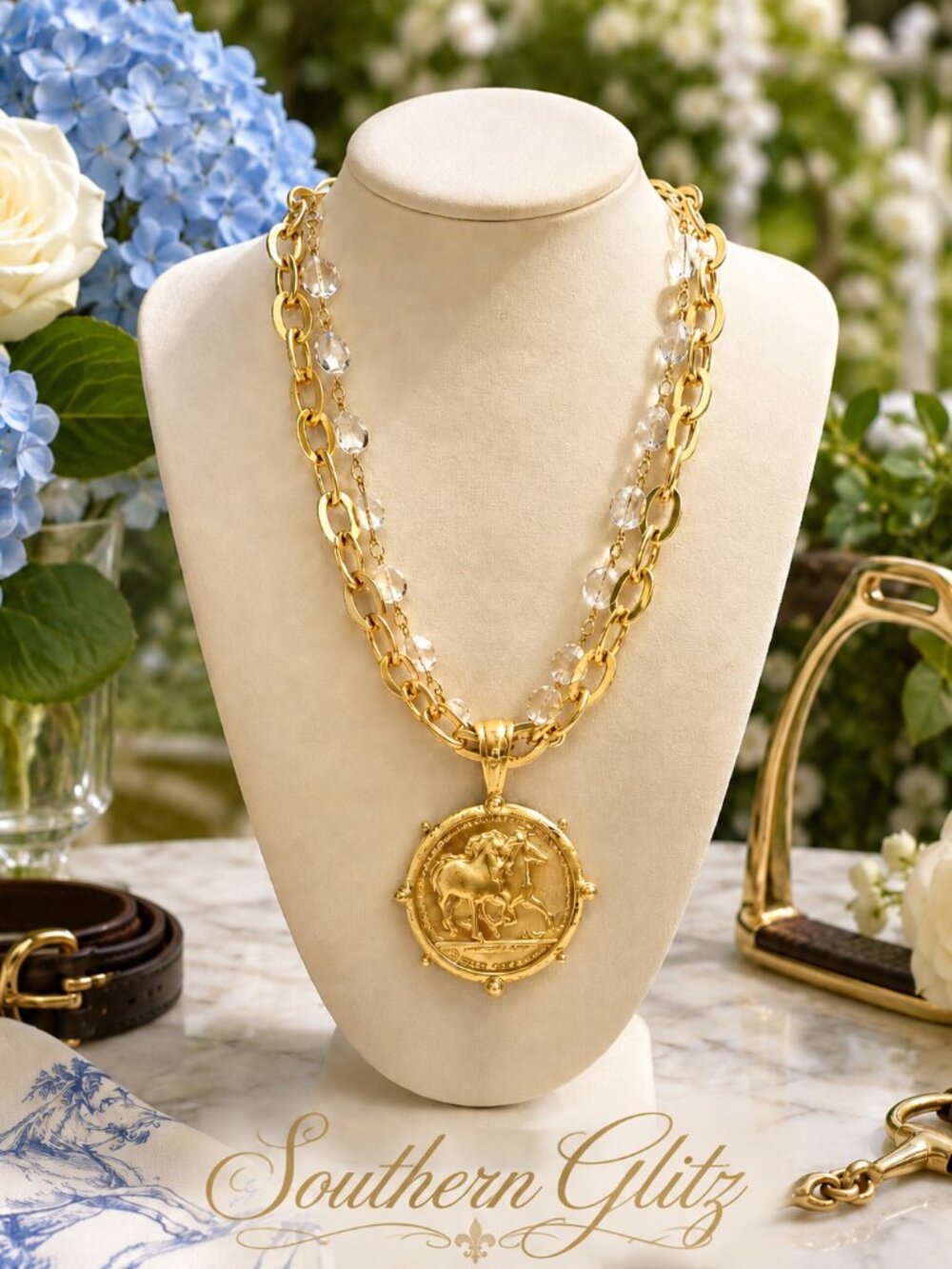 Gold Horse Medallion Necklace with Crystal Beads, Layered Equestrian Statement N